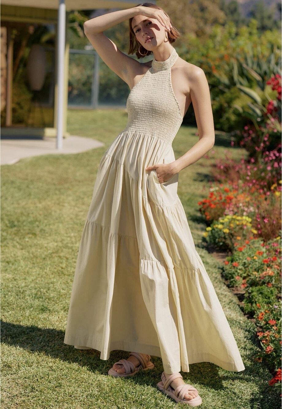 Anthropologie S/W/F Tiered Maxi Dress Smocked Halter boho Pockets Small